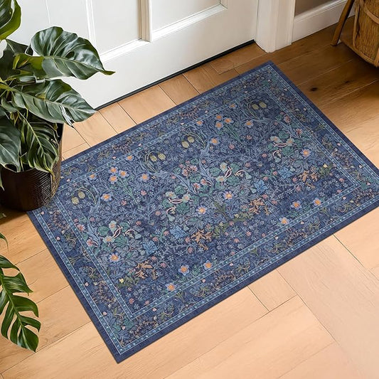 Navy Blue Washable 2x3 Entry Rug - Small Front Door Mats Indoor, Non-Slip Boho Bathroom Rugs, Vintage Dark Decor for Kitchen, Entryway