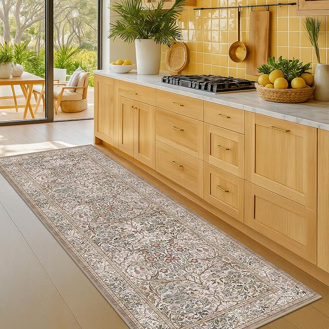 Moss Green 2'6" x 8' Runners for Hallways Non Slip, Extra Long Floor Runner for Kitchen, Entryway Indoor, Washable Rubber Backing Stain Resistant - Vintage Taupe Brown Floral Décor