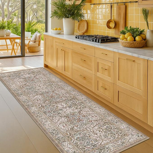 Moss Green 2'6" x 8' Runners for Hallways Non Slip, Extra Long Floor Runner for Kitchen, Entryway Indoor, Washable Rubber Backing Stain Resistant - Vintage Taupe Brown Floral Décor