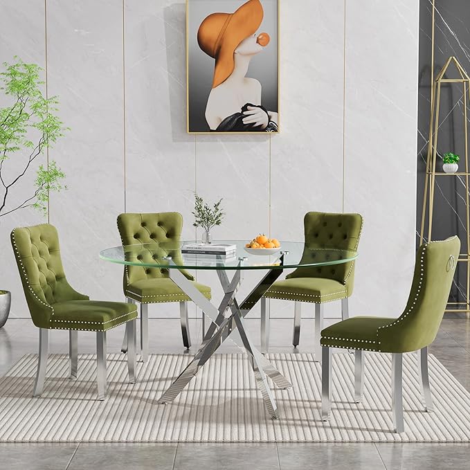 Goujxcy 5 Piece Round Glass Dining Table Set for 4, 47" Round Dining Table & Chair Set Modern Circle Glass Kitchen Table and 4 Velvet Upholstered Chairs for Kitchen Dining (Silver & Olive-Green)