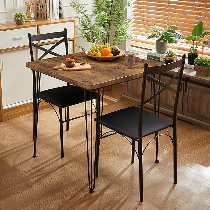 VECELO 3 Piece Dining Table Set for 2, Kitchen Table Set with 2 Chairs for Small Space, Space-Saving and Modern Design, Apartment, Easy to Assemble,Retro Brown
