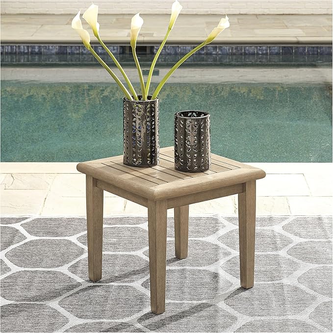 Signature Design by Ashley Gerianne Outdoor Square End Table with Slatting Styling and 5-Step Finishing Process, Eucalyptus Wood Frame, 22" High, Grayish Brown