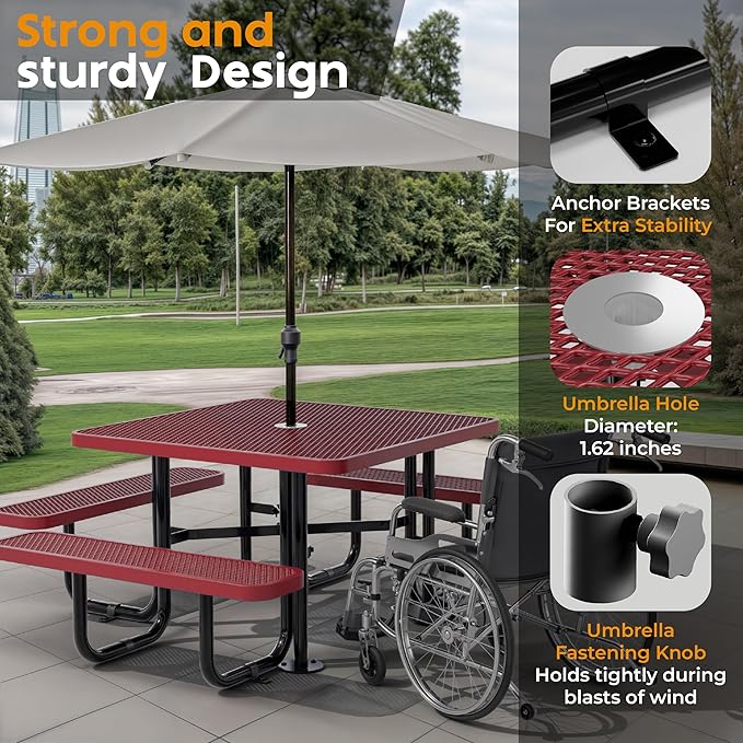 Metal Picnic Tables for Outdoors with Umbrella Hole - Coated Steel Heavy Duty Commercial Grade Furniture with Adjustable Seats (Red, 46 in, Square, Expanded Steel)