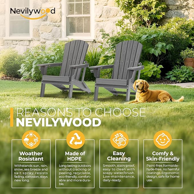 nevilywood Folding Adirondack Chair - Extended Ergonomic Backrest, Cup Holder - Easy Assembly - Durable HDPE Plastic, Weather Resistant & Maintenance-Free - Lawn, Patio, Deck Supports 380lbs,Grey