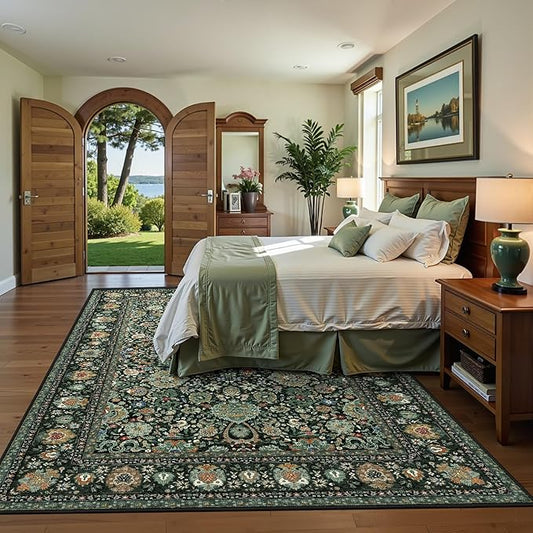 6x9 Vintage Rugs for Dining Room, Washable Rugs Non Slip Large Area Rug for Living Room Bedroom Office, Floor Decoration Big Rug Low-Pile Kid & Pet Friendly(Dark Green