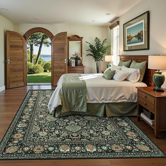 Dark Green Floral Living Room Rug 5x7 Washable Rugs Boho Vintage Oriental Large Foldable Faux Wool Carpet for Bedroom Nursery Room Dorm Kids Playroom Home Office