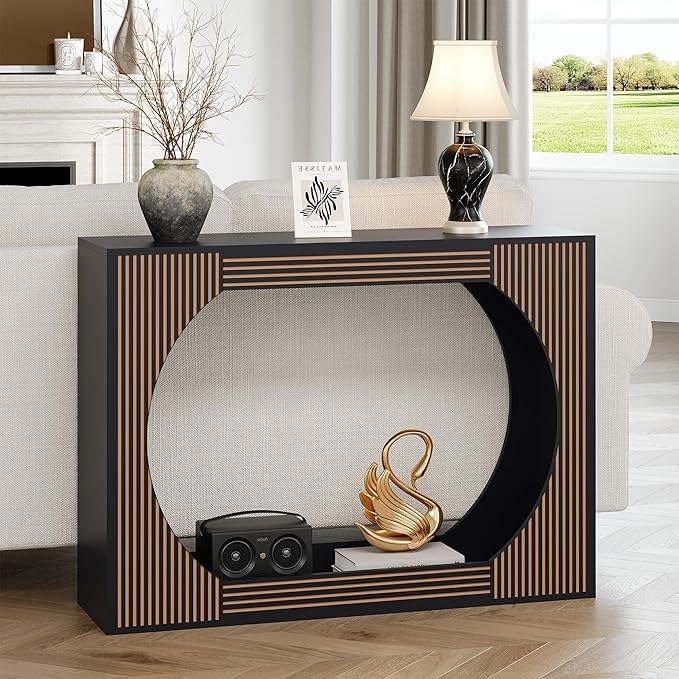 43.3" Console Table with Storage, 2-Tier Wooden Entryway Table with Carving Lines, Mid-Century Modern Accent Rectangular Sofa Table Behind Couch for Foyer, Entrance, Living Room, Hallway (Black)
