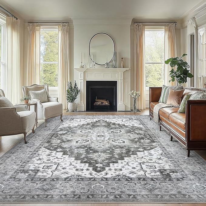 AMADA HOMEFURNISHING 8x10 Area Rugs, Low-Profile Large Washable Area Rug with Non-Slip Backing & Durable Edge Binding, Vintage Rugs for Living Room, Bedroom, Dinning Room
