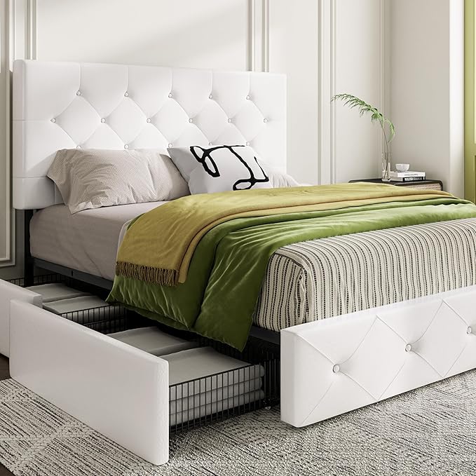 MUTICOR Full Size Bed Frame with 4 Storage Drawers, Upholstered Platform Bed with Button Tufted Adjustable Headboard, No Box Spring Needed, Easy Assembly, Diamond Tufted, White Leather