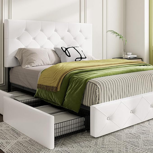 MUTICOR Full Size Bed Frame with 4 Storage Drawers, Upholstered Platform Bed with Button Tufted Adjustable Headboard, No Box Spring Needed, Easy Assembly, Diamond Tufted, White Leather