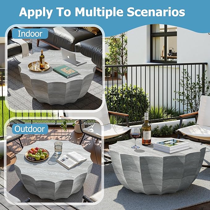 35" Outdoor Round Coffee Table Modern Stylish Design Waterproof & Moisture-Proof No Assembly Required Outdoor Coffee Table for Patio, Garden, Backyards - US Warehouse (Marble White)