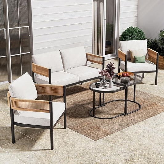 Grand patio 5-Piece Outdoor Furniture Set with Thick Cushions and Coffee Table, Wicker Sofa Conversation Set for Backyard, Natural