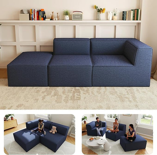 106" Sectional Compressed Sofa Modular Couches,High-Density Foam No Assembly Required,3-Piece(1xCorner 1xArmless 1xOttoman) for Living Room, Chenille Blue