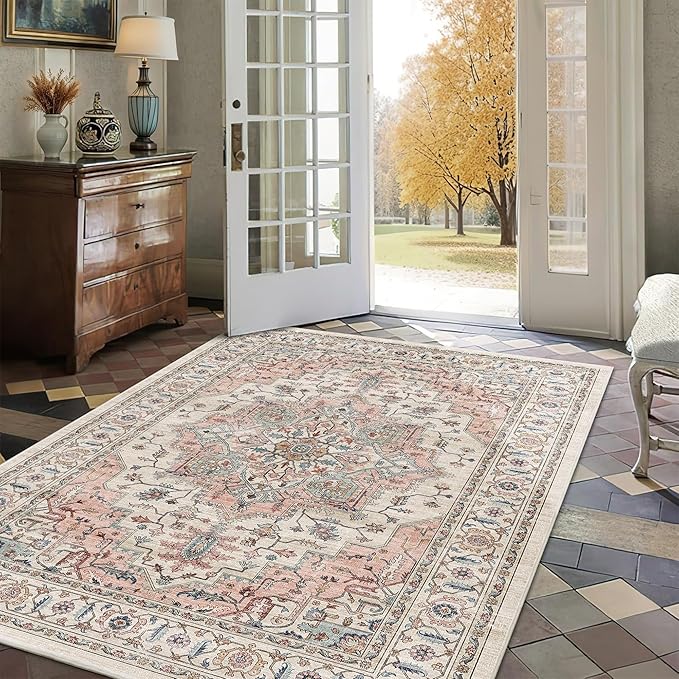 3x5 Vintage Distressed Area Rugs for Indoor Entrance Stain Resistant Washable Entryway Rug Ultra Soft Low Pile Lightweight Carpet Faux Wool Rugs for Living Room Bedroom Playroom Home Office