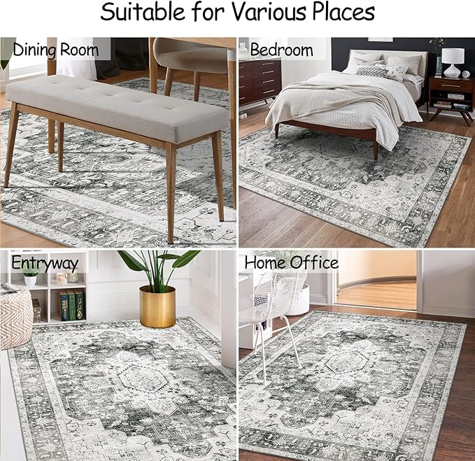 Moynesa Ultra-Thin Washable Area Rug - 5x7 Large Gray Rug for Living Room Vintage Rugs for Bedroom, Non Slip Non Shedding Pet Friendly Dining Room Mat Carpet for Department Office Kitchen