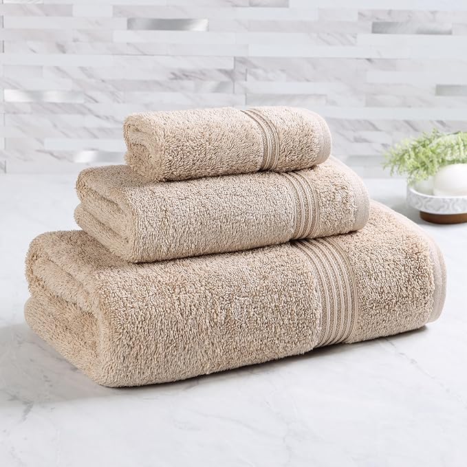 Superior Heritage Egyptian Cotton 3 Piece Towel Set, Assorted Absorbent Towels for Bathroom, Guest Bath, Luxury Home Decor Essentials, Includes 1 Bath, 1 Hand, 1 Face Towel/Washcloth, Taupe