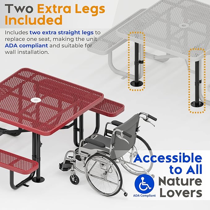 Metal Picnic Tables for Outdoors with Umbrella Hole - Coated Steel Heavy Duty Commercial Grade Furniture with Adjustable Seats (Red, 46 in, Square, Expanded Steel)