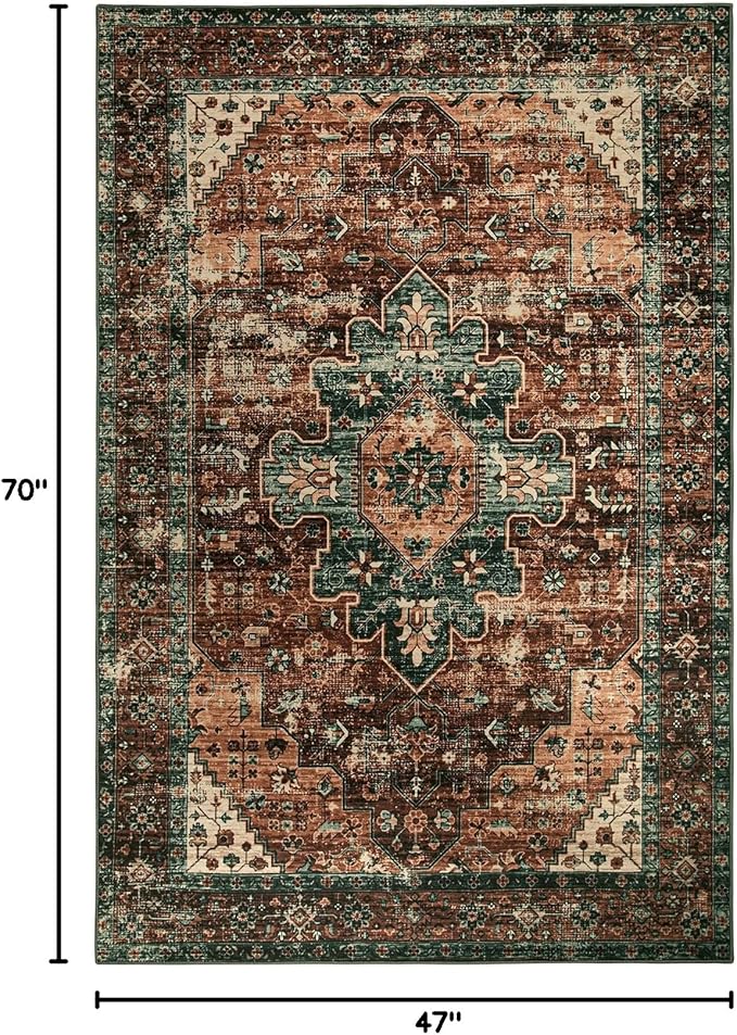 Moynesa Ultra-Thin Washable Vintage Area Rug - 4x6 Living Room Rug for Bedroom Office, Non-Shed Non Slip Oriental Laundry Bathroom Mat Indoor Accent Floor Carpet for Entrance Kitchen Mudroom