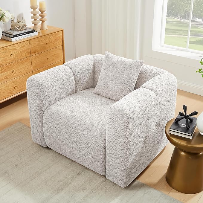 VANOMi 42" Width Accent Chair for Living Room, Modern Lounge Chair with Pillow, Comfy Upholstered Boucle Single Sofa Chair for Living Room (Light Khaki)