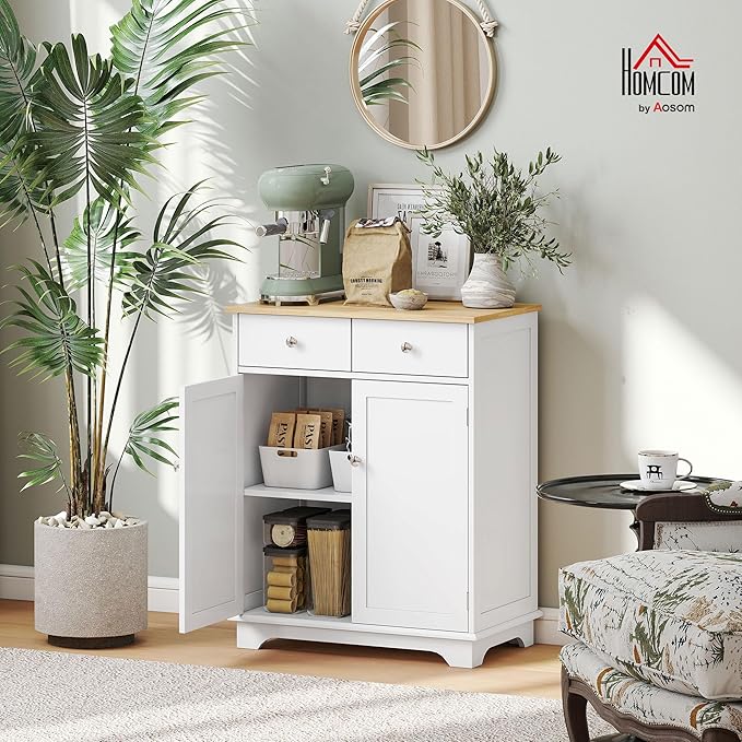 HOMCOM Sideboard Buffet Cabinet with Solid Wood Countertop, Modern Kitchen Storage Cabinet, Coffee Bar Cabinet with 2 Drawers, Doors and Adjustable Shelf, White
