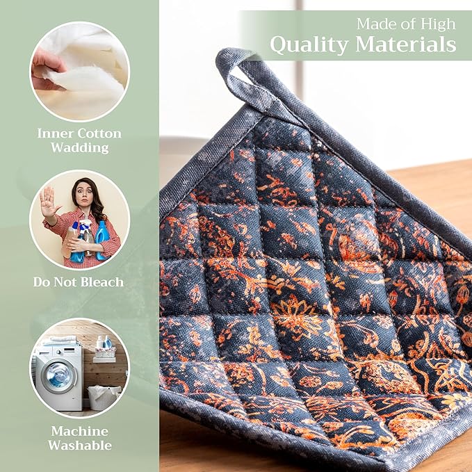 Maison d' Hermine Pot Holders Set 100% Cotton Heat Resistant Potholders 8" x 8" Hot Pads with Loop for Thanksgiving Christmas Decorations BBQ Cooking Baking Handling Hot Pans (Pack of 2, Imperfection)