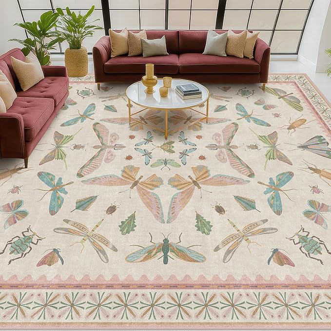 Cute Rugs for Bedroom Girls - Pink Living Room Rugs 8X10, Dining Room Table, Washable Pastel Flower Insect Print Whimsical Décor