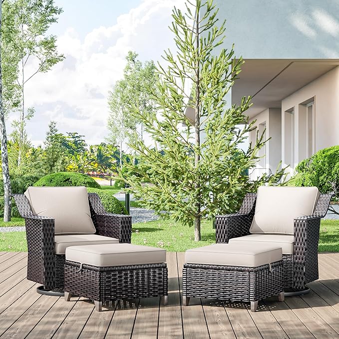4 Pieces Wicker Patio Furniture, Luxury Outdoor Furniture with 2 Patio Swivel Chai and 2 Patio Ottoman, Wide Armrest, Thickened Cushions, Ideal for Deck, Porch Use
