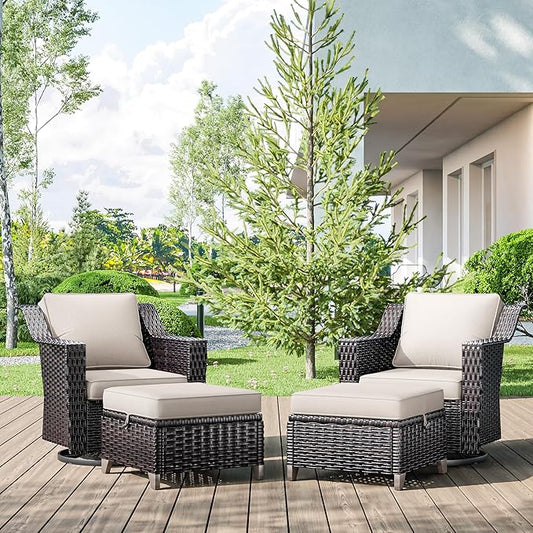 4 Pieces Wicker Patio Furniture, Luxury Outdoor Furniture with 2 Patio Swivel Chai and 2 Patio Ottoman, Wide Armrest, Thickened Cushions, Ideal for Deck, Porch Use
