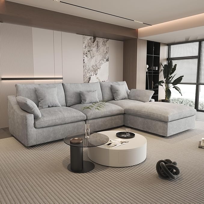 WJShome 120" Cloud Couch Sectional for Living Room, L Shape Down Filled Modular Sectional Sofa Couch,Convertible Couched with Ottoman, Sofa Covers Washable&Replaceable,Gray