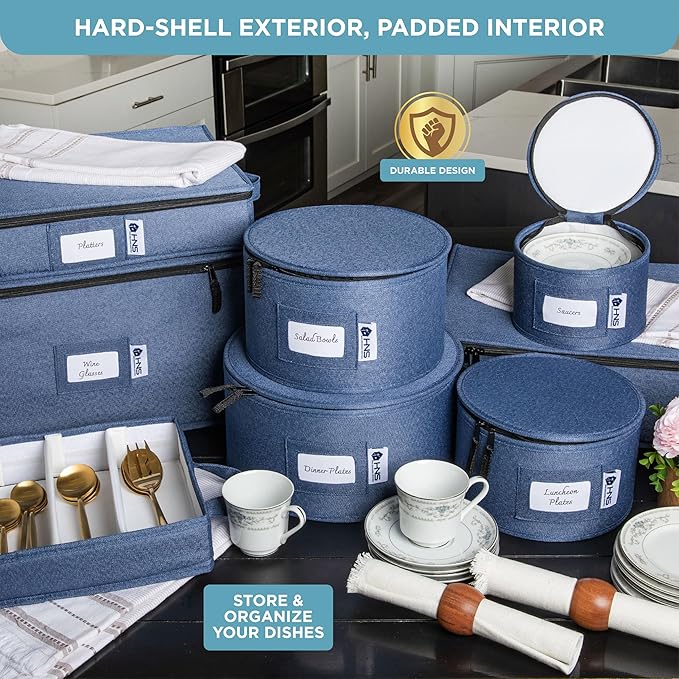 Hard Shell China Storage Containers 8-Piece Set Moving Boxes for Dinnerware, Glasses, Plates, Mugs and Saucers Sturdy Dish Organizer with Dividers for Seasonal Storage - Service for 12 - Denim Blue