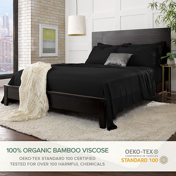 Pure Bamboo California King Sheets, Genuine 100% Organic Viscose Derived from Bamboo Bed Sheet Set, Soft & Cooling, Double Stitching, 2 Year Quality Promise (California King, Black)