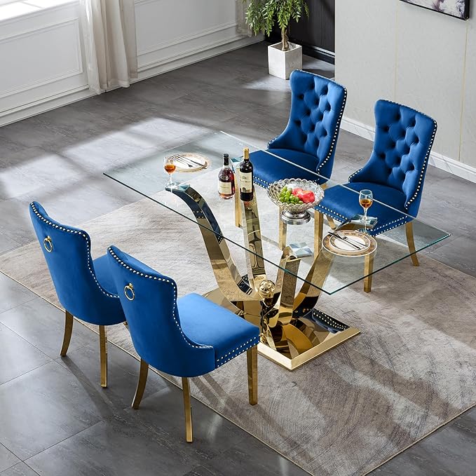 70" Modern Gold Glass Dining Table Set for 4, 5-Piece Rectangle Kitchen Dining Room Table Set with Steel Base & 4 Blue Velvet Upholstered Chairs, Modern Glass Kitchen Table and Chairs Set of 4