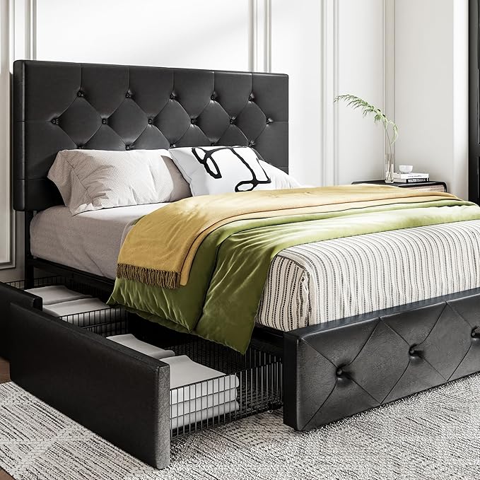 MUTICOR Queen Size Bed Frame with 4 Storage Drawers, Upholstered Platform Bed with Button Tufted Adjustable Headboard, No Box Spring Needed, Easy Assembly, Diamond Tufted, Black Leather