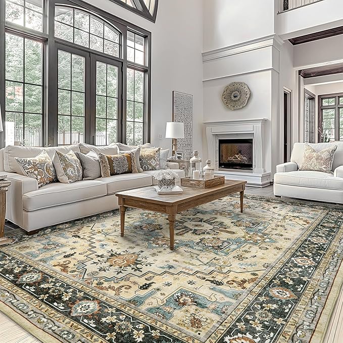 Area Rugs for Living Room 10x14 - Extra Large Machine Washable Vintage Oriental Soft Rug, Low Pile Thin Carpet with Non Slip Backing for Bedroom, Dorm, Dining Room, Indoor House, Office