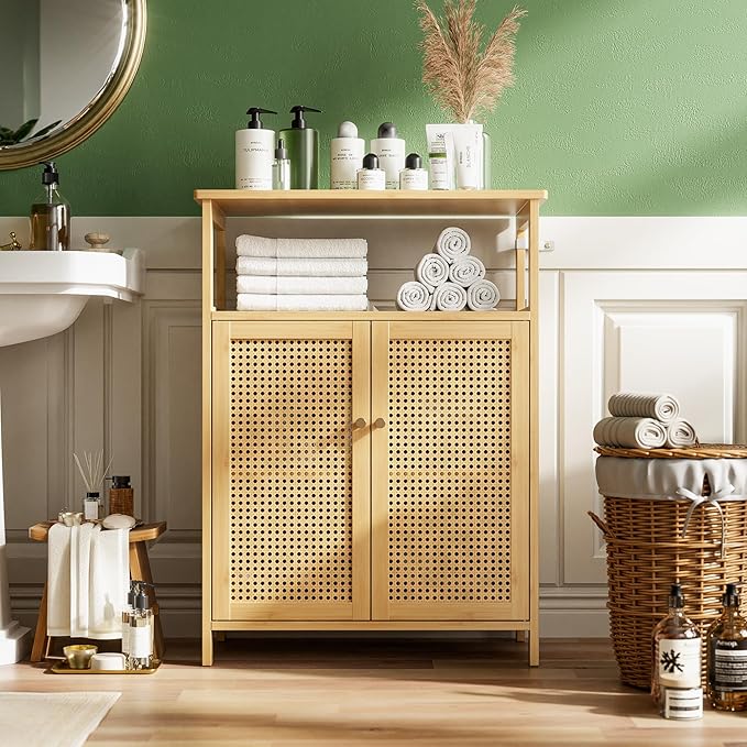 Bathroom Floor Stand Cabinet, Bamboo Storage Organizer Table with 2 Rattan Doors and 1 Shelf, Wooden Side Cupboard for Hallway, Laundry, Kitchen, Living Room (Natural)