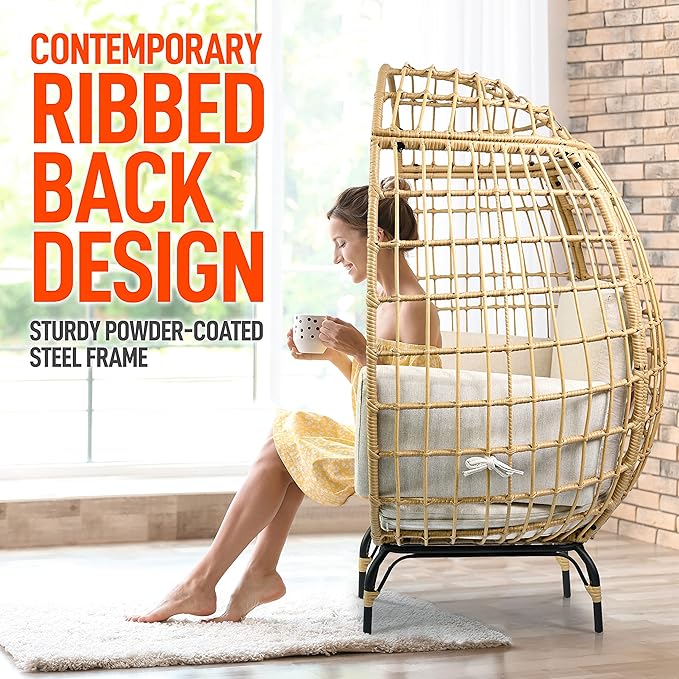 SereneLife Jovial Wicker Rattan Egg Chair,Indoor Outdoor White Sofa Chair for Patio Backyard and Living Room with 4 Cushions and Powder Coated Steel Frame,Woven Texture Contemporary Ribbed Back Design