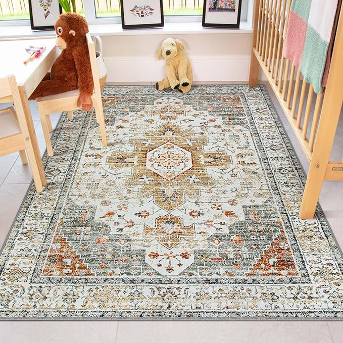 Moynesa Ultra-Thin Washable Area Rug - 4x6 Vintage Living Room Rugs Non-Shed Non Slip, Oriental Low Pile Indoor Accent Floor Carpet for Bathroom Bedroom Laundry Mudroom Entrance, Beige/Gold