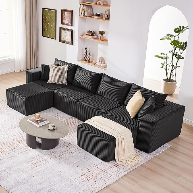 135.4" Cloud Couch Sectional, Modular Sectional Sofa with Deep Seat, Plush Corduroy U Shaped Boneless Couch, Convertible Sectional Couches for Living Room, 6Seat, Black