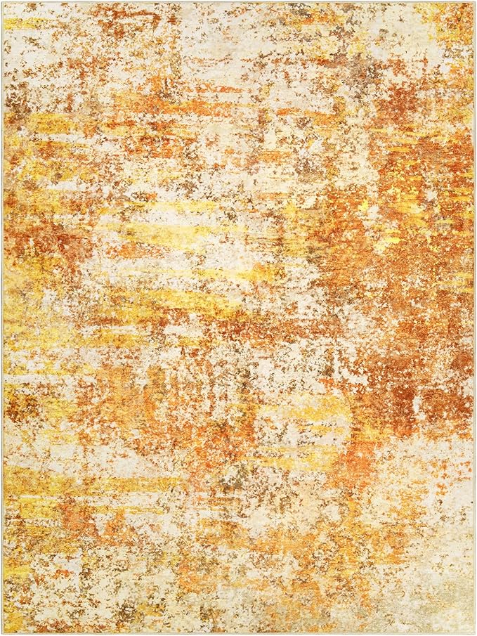 Washable Area Rugs for Living Room - 5x7 Abstract Modern Rug Neutral Soft Rug Stain Resistant Non-Shedding No Slip Low Pile Large Carpet for Bedroom Dining Room Nursery Home Office - Orange/Gold
