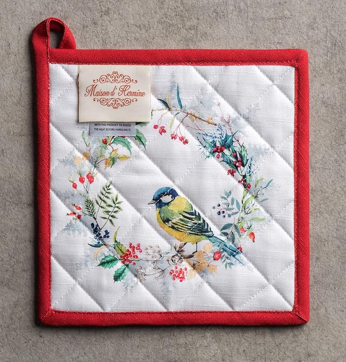 Maison d' Hermine Pot Holders Set 100% Cotton Heat Resistant Potholders 8" x 8" Hot Pads with Loop for Thanksgiving Christmas Decorations BBQ Cooking Baking Handling Hot Pans (Pack of 2, Morzine)