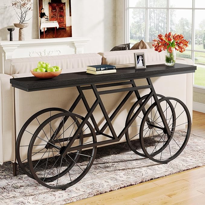 Tribesigns 70.9-Inch Extra Long Console Table, Narrow Sofa Table with Bicycle Metal Base, Modern Industrial Entryway Table Behind Couch Table for Living Room, Hallway, Entrance, Foyer, Black