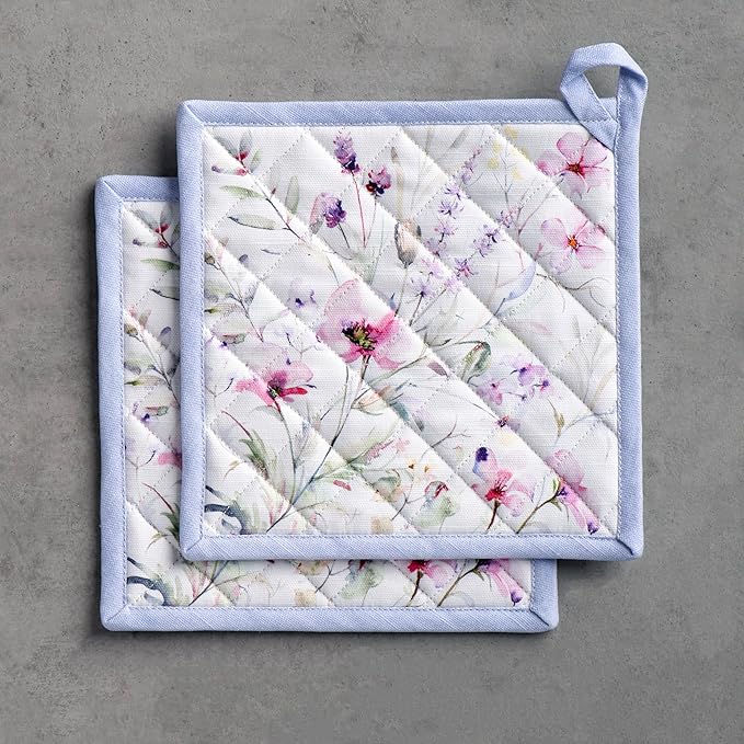 Maison d' Hermine Pot Holders Set 100% Cotton Heat Resistant Potholders 8" x 8" Hot Pads with Loop BBQ, Cooking, Baking, Grilling, Kitchen, Handling Hot Pans Spring/Summer (Pack of 2, Summer Floral)