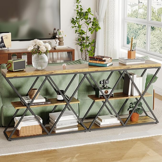 Garvee 3-Tier Entryway Table, Industrial Console Sofa Table with Storage, Accent Table with Open Shelves, X-Shaped Metal Frame, Foyer Table for Entryway, Hallway, Rustic Brown