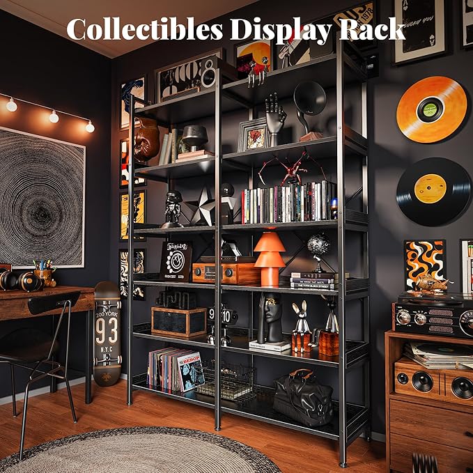 Huuger 6 Tier Bookshelf, Display Bookshelf with 12 Open Shelves and Raised Baffle, 47.2 Inch Straight Wide Bookcase with Metal Frame and Wooden Board, Adjustable Feet, Black