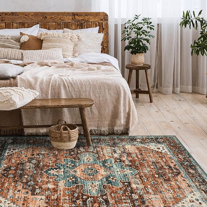 Moynesa Ultra-Thin Washable Vintage Area Rug - 5x7 Large Boho Non-Slip Rug for Bedroom Living Room Oriental Medallion Non-Shedding Print Floor Carpet for Dining Room Home, Brick Red/Dull Teal