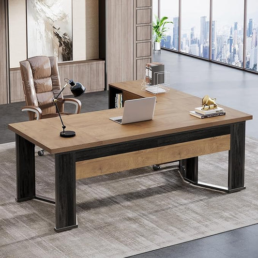 Tribesigns 70.86" Executive Desk with Mobile File Cabinet, Large L Shaped Computer Office Desk with 2 Drawers and Storage Shelves, Business Furniture Desk Workstation for Home Office (Light Brown)