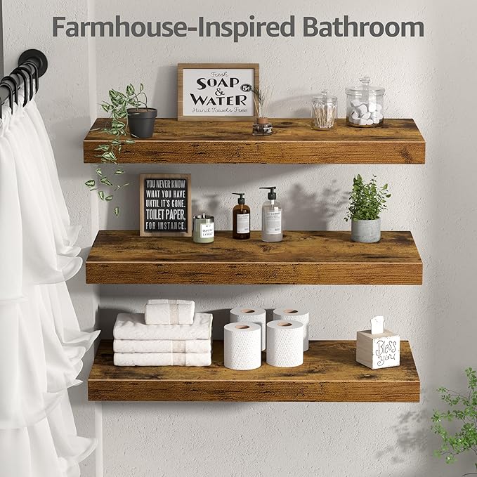 QEEIG 10" Deep Floating Shelves for Wall - 10 x 24 inch Book Shelf Bathroom Bedroom Kitchen Living Room Hanging Bookshelf Farmhouse Set of 3, Rustic Brown (025-60BN3)