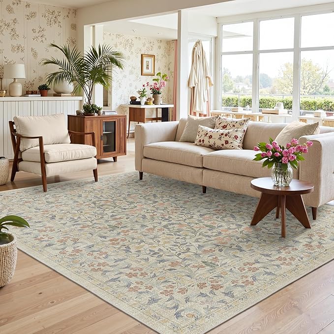 GENIMO 5x7 Washable Area Rug, Non-Slip Vintage Boho Floral Carpet, Soft Low-Pile Thin Bedroom Rug for Living Room, Dining Room, Nursery, Beige Blue