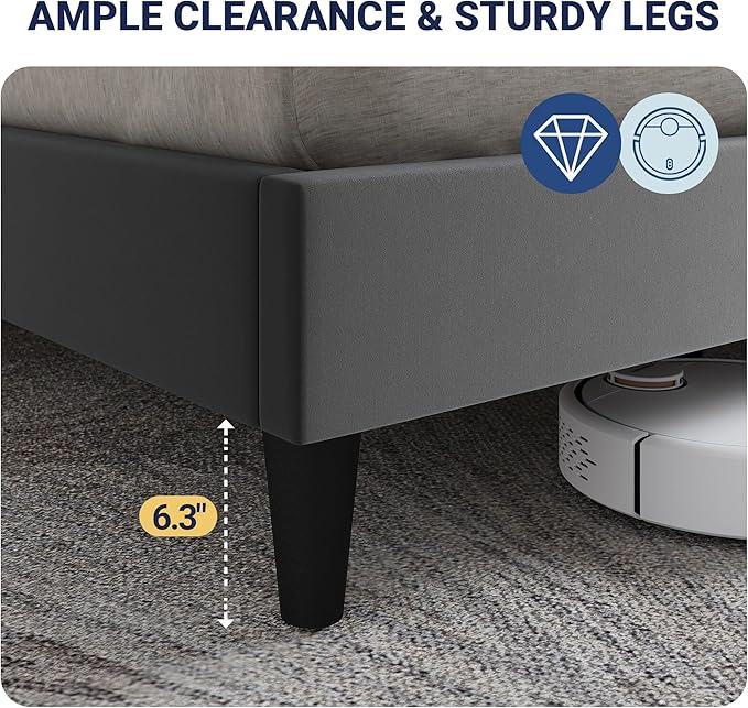 Allewie Velvet Queen Upholstered Bed Frame with Wingback Storage Headboard & Charging Station, Platform Bed with Diamond Tufted Design & Gold Trim, No Box Spring Needed, Easy Assembly, Grey