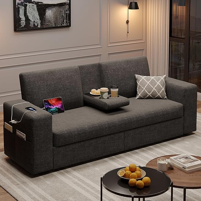 Maupvit 75” Loveseat Sofa with 2 Drawers, USB & Type-C Charging Port, Comfortable Linen Living Room Couch with Small Table Board, Upholstered Small Settee Fits Bedroom, Office, Grey